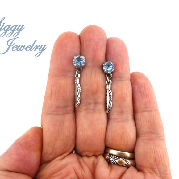 Aquamarine Stud Earrings with Leaf Dangles Made with Genuine Austrian Crystals - Picture 5 of 5